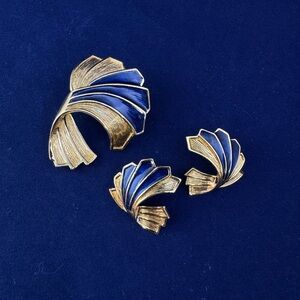 Vintage Park Lane Blue Enamel Fan Scarf Pull & Earrings Set - Art Deco Style